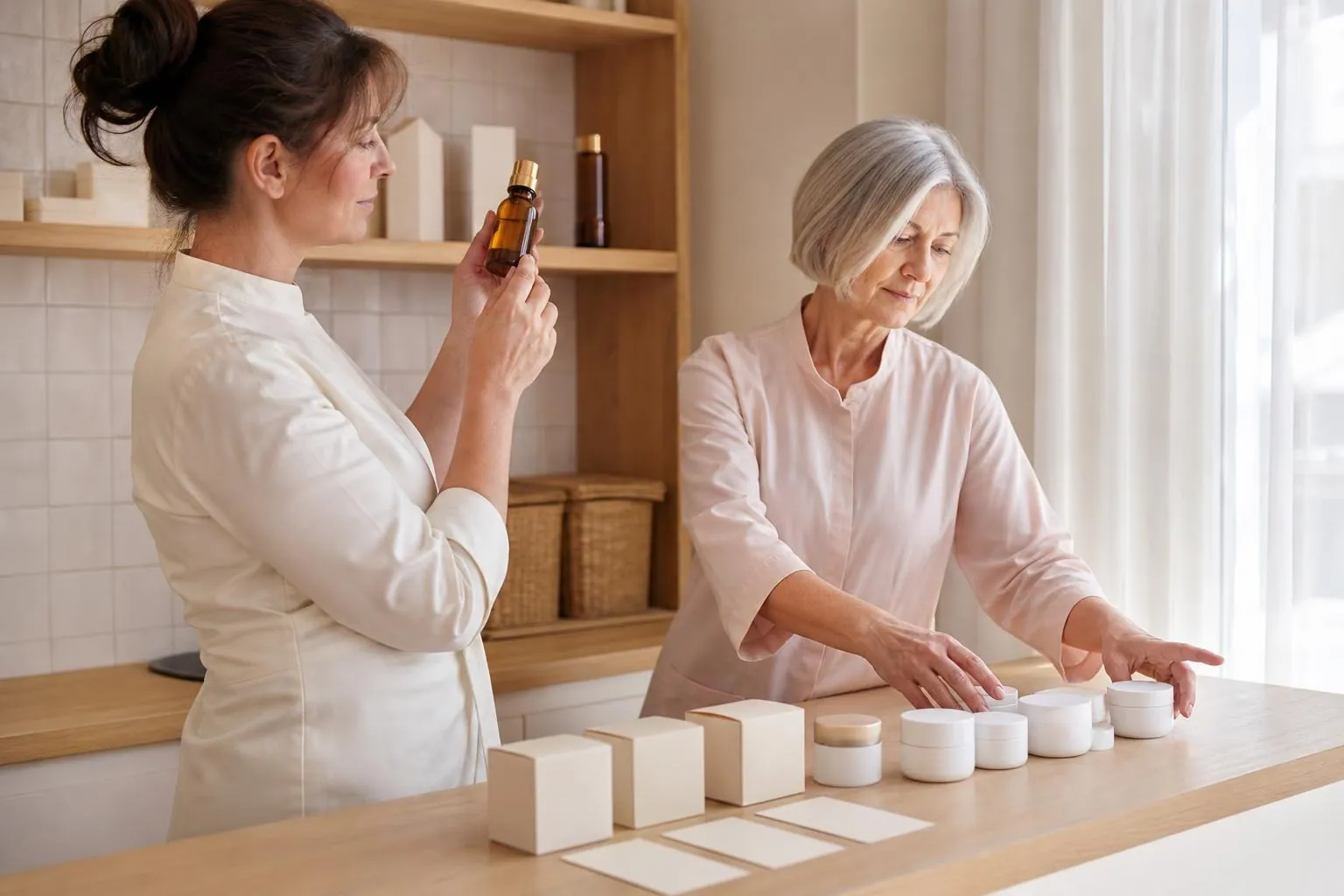 Deux esthéticiennes debout de part et d’autre d’un plan de travail en chêne clair trient des flacons de verre ambré et des pots de porcelaine sans étiquette