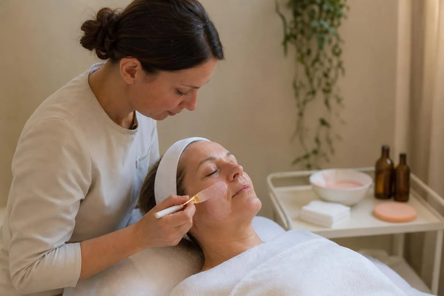 Praticienne appliquant au pinceau plat un masque rose poudre sur le visage d’une cliente d’une cinquantaine d’années allongée sur une table de soin