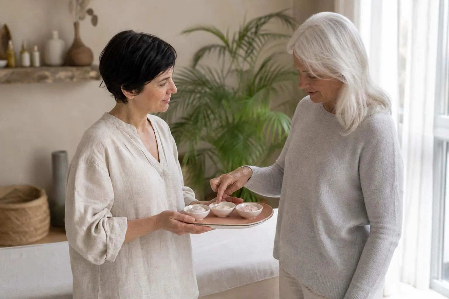 Praticienne d’une quarantaine d’années présentant un plateau de textures cosmétiques à une cliente d’une soixantaine d’années debout près d’une grande fenêtre