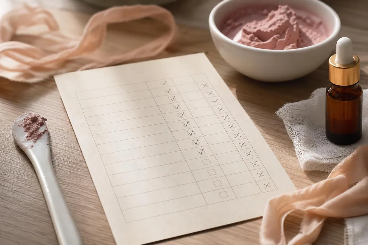 Gros plan d’une fiche de suivi de cure visage manuscrite posée sur un plateau crème, avec une spatule de masque en céramique et un flacon ambré